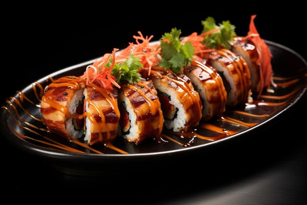 Rolo de sushi de dragão com enguia em prato de cerâmica preta de perto