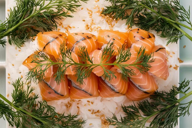 Foto rolo de sushi de salmão coberto com endro e gergelim