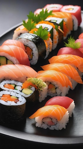 Rolo de sushi fresco da Filadélfia servido num prato preto