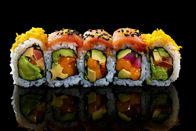 Foto rolo de sushi fresco frutos do mar multicolorido maki susi salmão atum arroz nori wasabi gergelim comida asiática