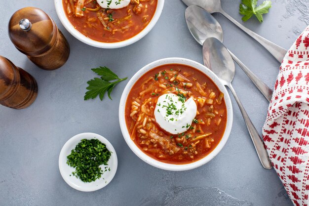 Foto rolo de repollo y sopa de tomate polaco o receta ucraniana