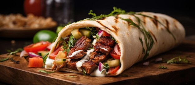 Foto rolo de sándwich shawarma carne a la parrilla con verduras comida imagen generada por ia