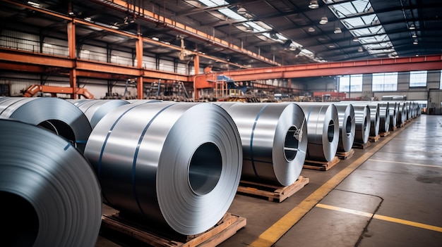Foto rolos de chapa de acero galvanizado en la fábrica rolos grandes de bobinas metálicas en el almacén