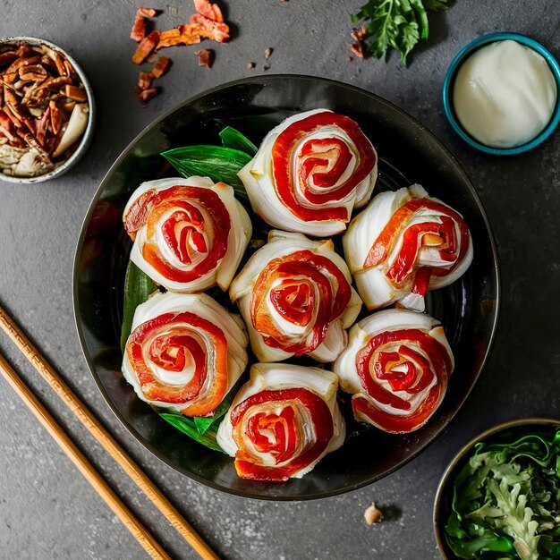 rolos de bacon frescos e estéticos vista de cima ingrediente da culinária chinesa para hotpot