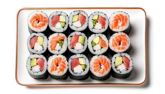 Rolos de Maki Sushi com salmão e atum isolados em fundo branco