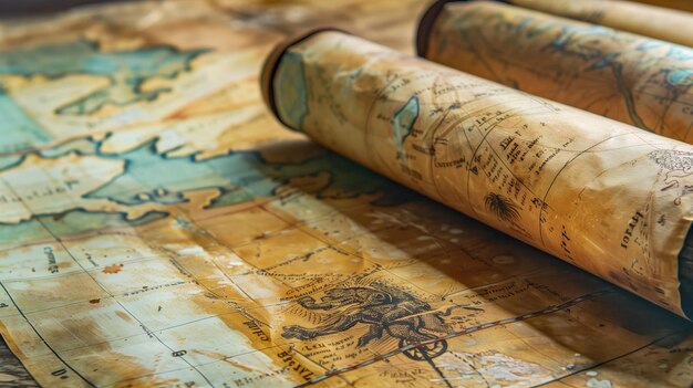 Foto rolos de mapas antigos detalhados em uma superfície de madeira