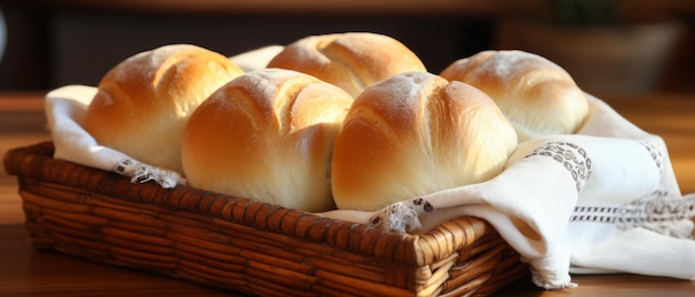 Rolos de pão recém-cozidos numa cesta