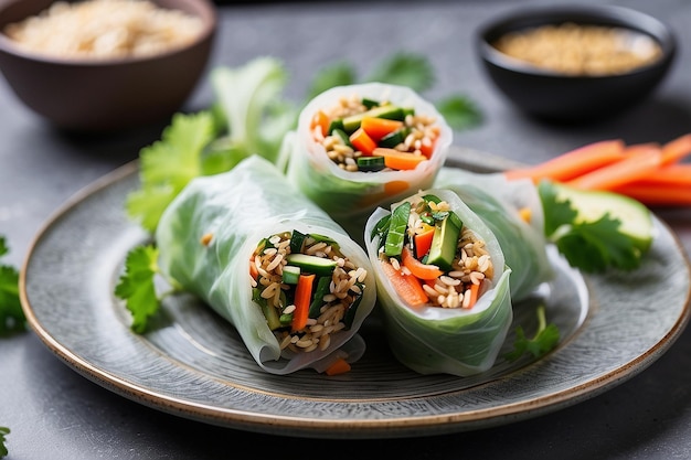 Foto rolos de papel de arroz vegano com vegetais e gergelim servidos no prato prontos para comer