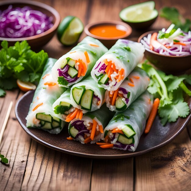 Rolos de primavera vegetarianos vietnamitas com molho picante cenoura pepino repolho vermelho e macarrão de arroz