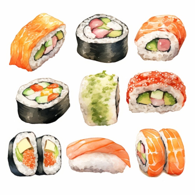 Rolos de sushi aquarelados realistas com coberturas únicas