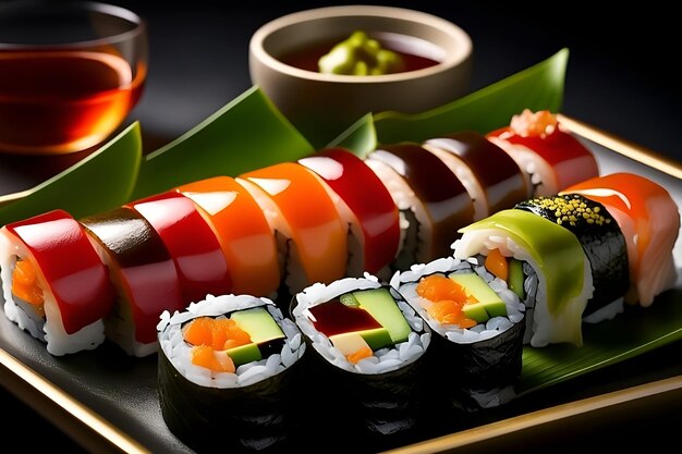 Rolos de sushi coloridos e empilhados com molhos vibrantes