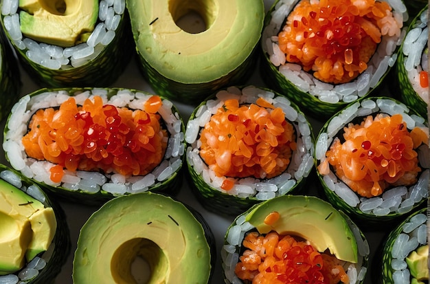 Rolos de Sushi com Avocado em fatias e Tobiko