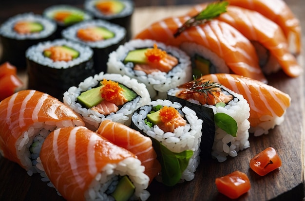 Rolos de sushi com barriga de salmão grelhado