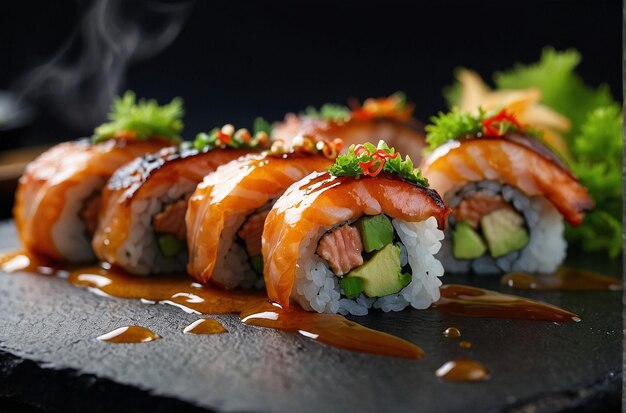 Rolos de Sushi com Barriga de Salmão Queimado e Miso Glaze