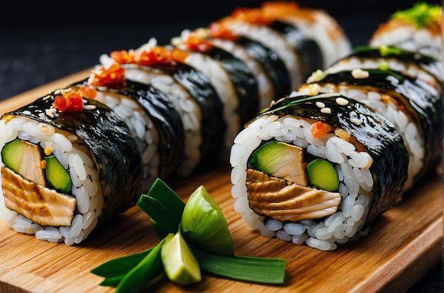 Rolos de sushi com cavala grelhada e cebolas