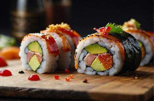 Rolos de sushi com colarinho de cauda amarela grelhado