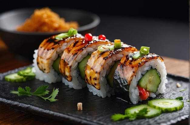 Rolos de sushi com enguia grelhada e pepino