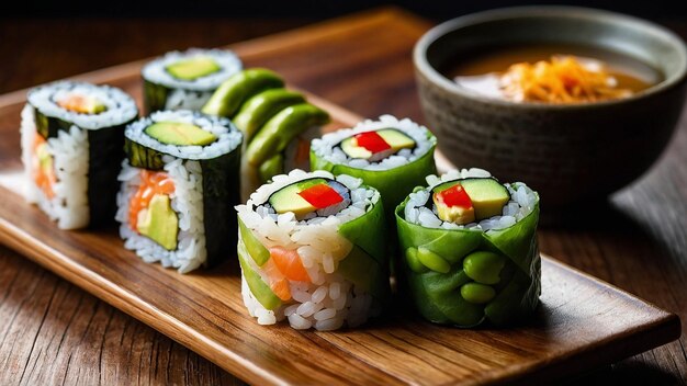 Foto rolos de sushi com feijão edamame e sopa de miso