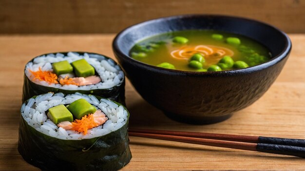 Foto rolos de sushi com feijão edamame e sopa de miso