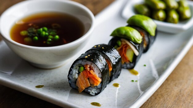 Foto rolos de sushi com feijão edamame e sopa de miso