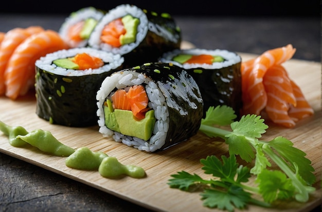 Rolos de Sushi com molho de molho de soja Wasabi