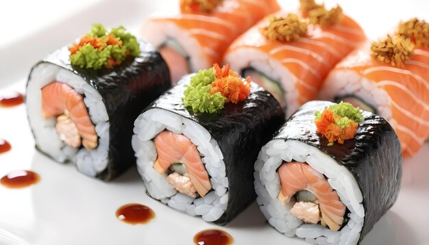 rolos de sushi com salmão e enguia