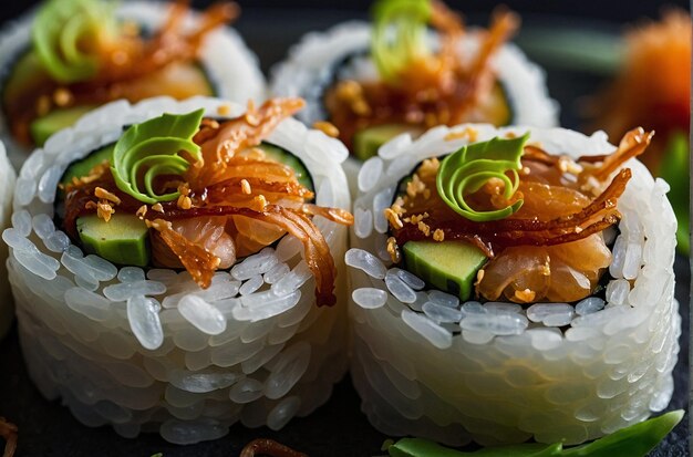 Rolos de sushi com salsichas fritas e crocantes