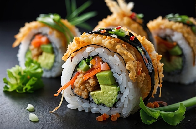 Rolos de sushi com tempura crocante e guarnição de cebola verde