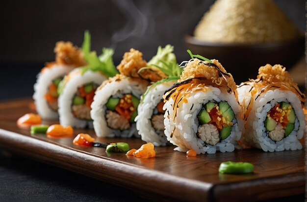 Rolos de Sushi com Tempura Shiitake de cogumelos crocantes