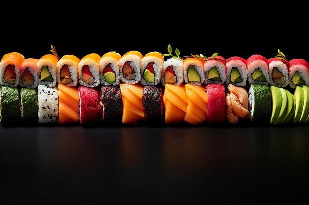 Rolos de sushi com uma cascata de cores