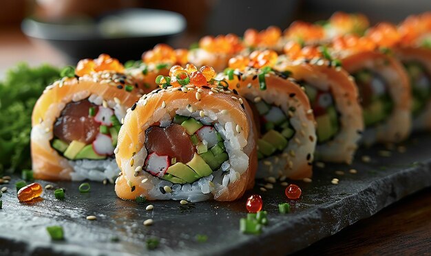 Foto rolos de sushi com uma variedade de ingredientes, incluindo sushi