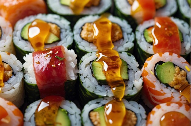Foto rolos de sushi com yuzu honey drizzle