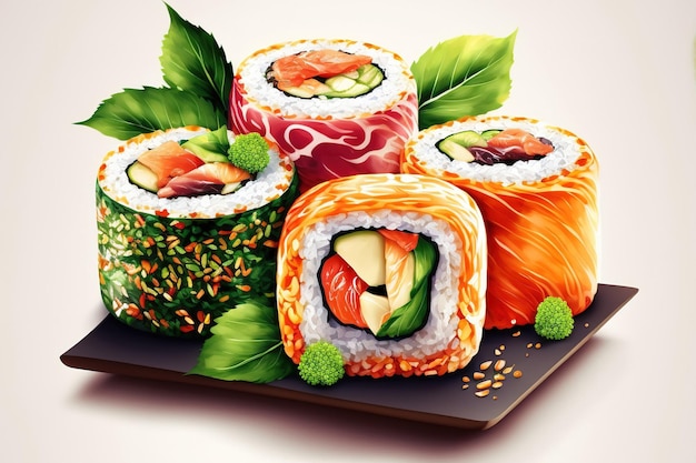 Rolos de sushi de comida japonesa isolados em um fundo branco Vegetais de atum da Califórnia e molho unagi em um rolo de sushi Menu de restaurante para o Japão