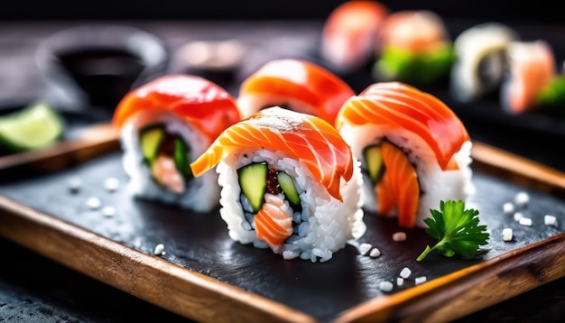 Rolos de sushi de salmão fresco num elegante prato de ardósia