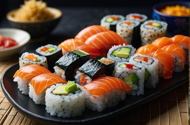 Rolos de sushi dispostos em um prato com tradição japonesa