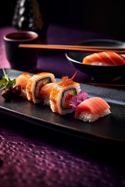 rolos de sushi em um prato com fundo roxo