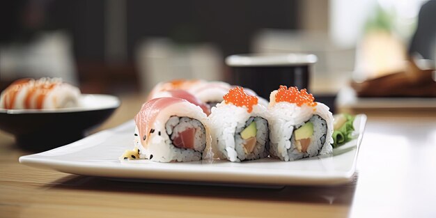 Rolos de sushi em um prato em uma cozinha ou restaurante