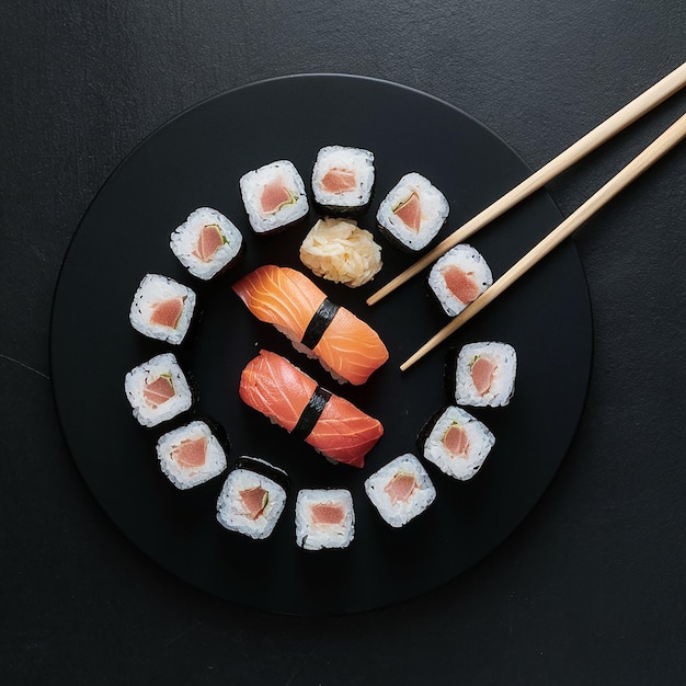 Foto rolos de sushi em um prato preto com um que diz sushi nele