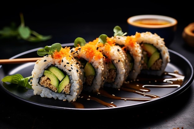 Rolos de sushi estão alinhados em um prato com um molho de mergulho