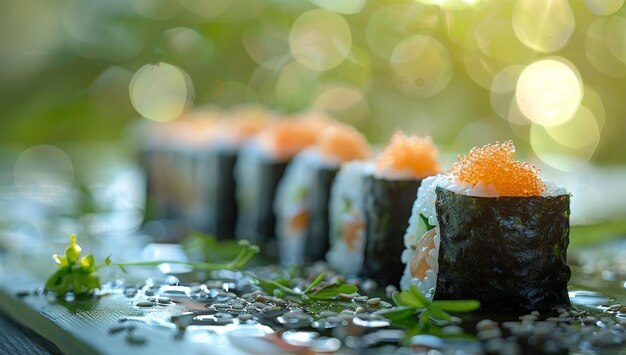 Rolos de sushi frescos com caviar de salmão e abacate