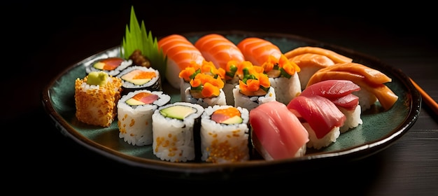 Rolos de sushi frescos em um prato Generative AI