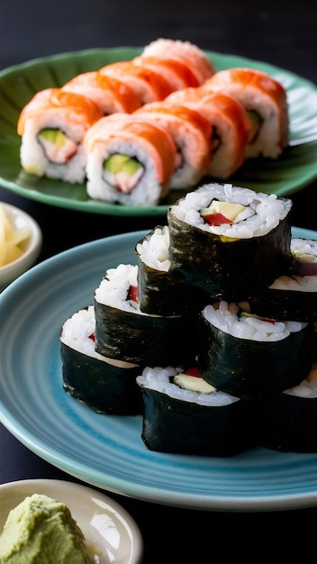 Rolos de sushi hot maki e rolos da Califórnia servidos com gengibre e wasabi