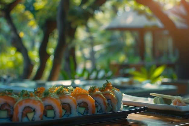 Foto rolos de sushi servidos ao ar livre