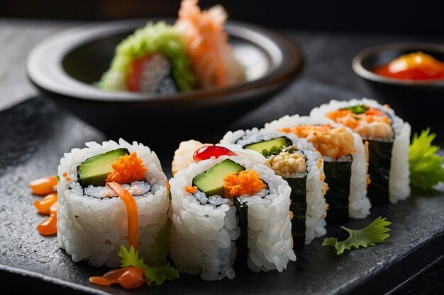 Rolos de sushi servidos com tempura