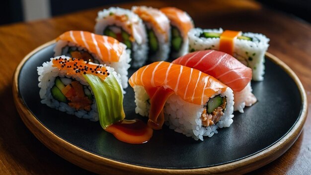 Rolos de sushi servidos em um prato circular para um visual