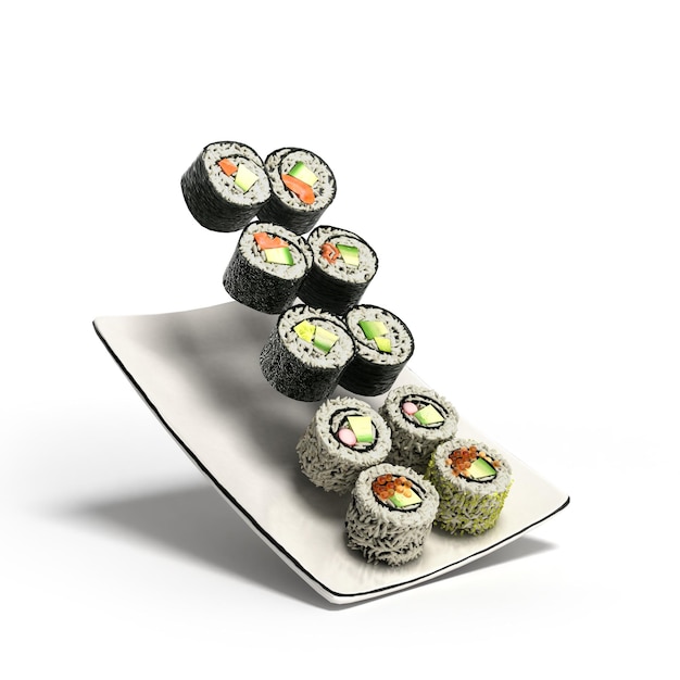 Rolos de sushi servidos em um prato renderização 3d