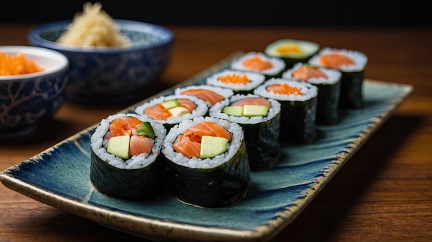 Rolos de sushi servidos em um prato tradicional japonês de cerâmica