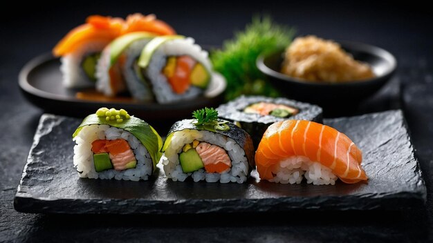 Rolos de sushi servidos num prato elegante de ardósia preta para