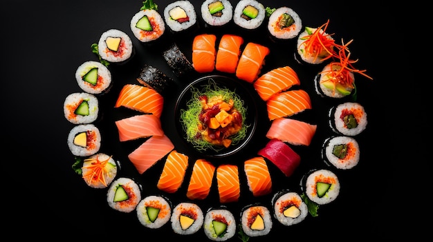 Foto rolos de sushi variados e maki grande conjunto em fundo escuro uma variedade de sushi japonês com atum, caranguejo, enguia de salmão e rolos vista superior