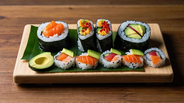 Rolos de sushi variados elegantemente apresentados em bandeja de madeira